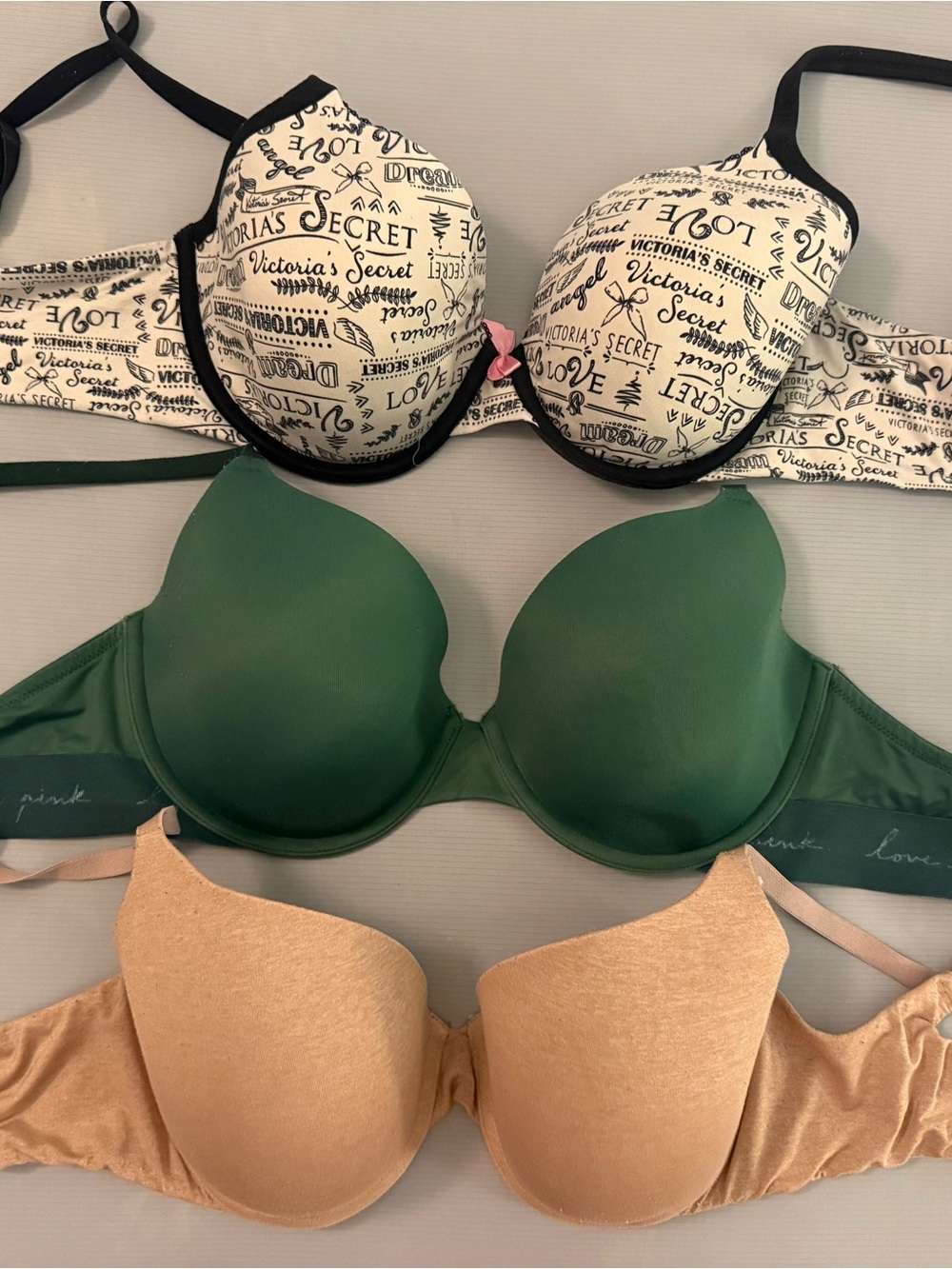 Victoria's Secret Black & Cream Script, Emerald Green and Nude Bra Set